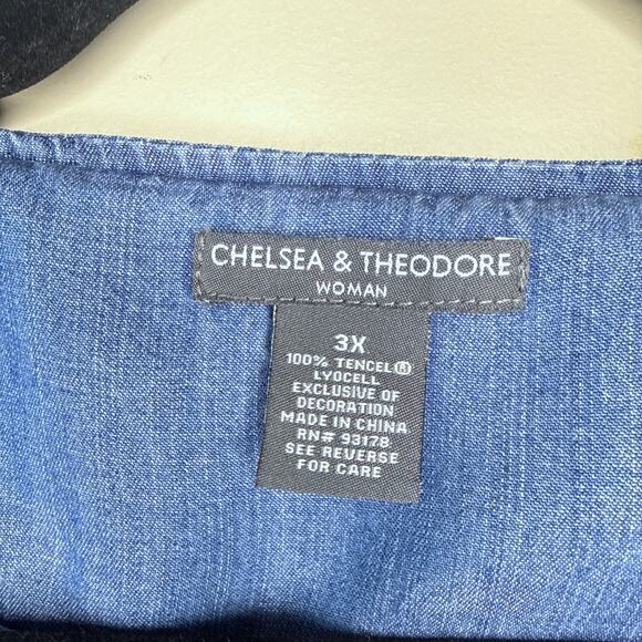 Chelsea & Theodore 3X Chambray‎ Floral Embroidered Ruffle Sleeve Full Zip Top - Picture 8 of 9